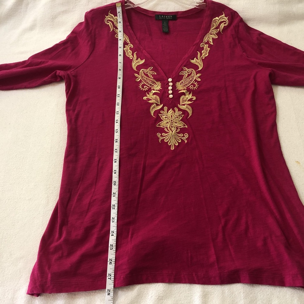 Lauren Ralph Lauren Shirt Womens XL Pink Embroidered V Neck Tunic 3/4 Sleeve - Picture 8 of 9